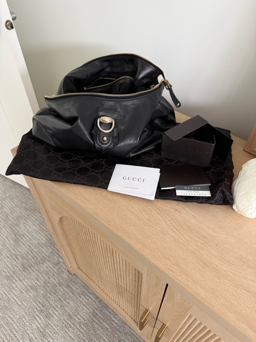 Gucci Black Leather Shoulder Bag with Gold Hardware (Sabrina Hobo Bag)